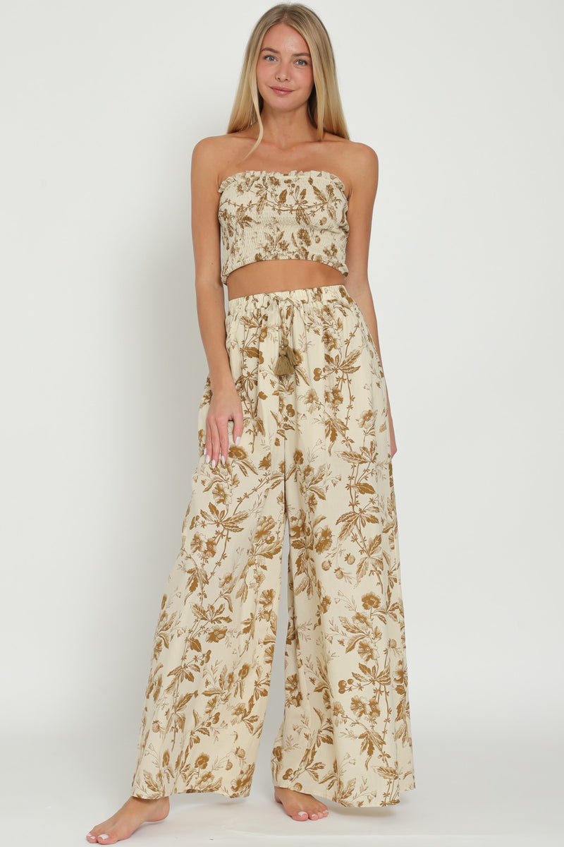 Florence Floral Smocked Tub Top Wide Leg Pant Set - Tan