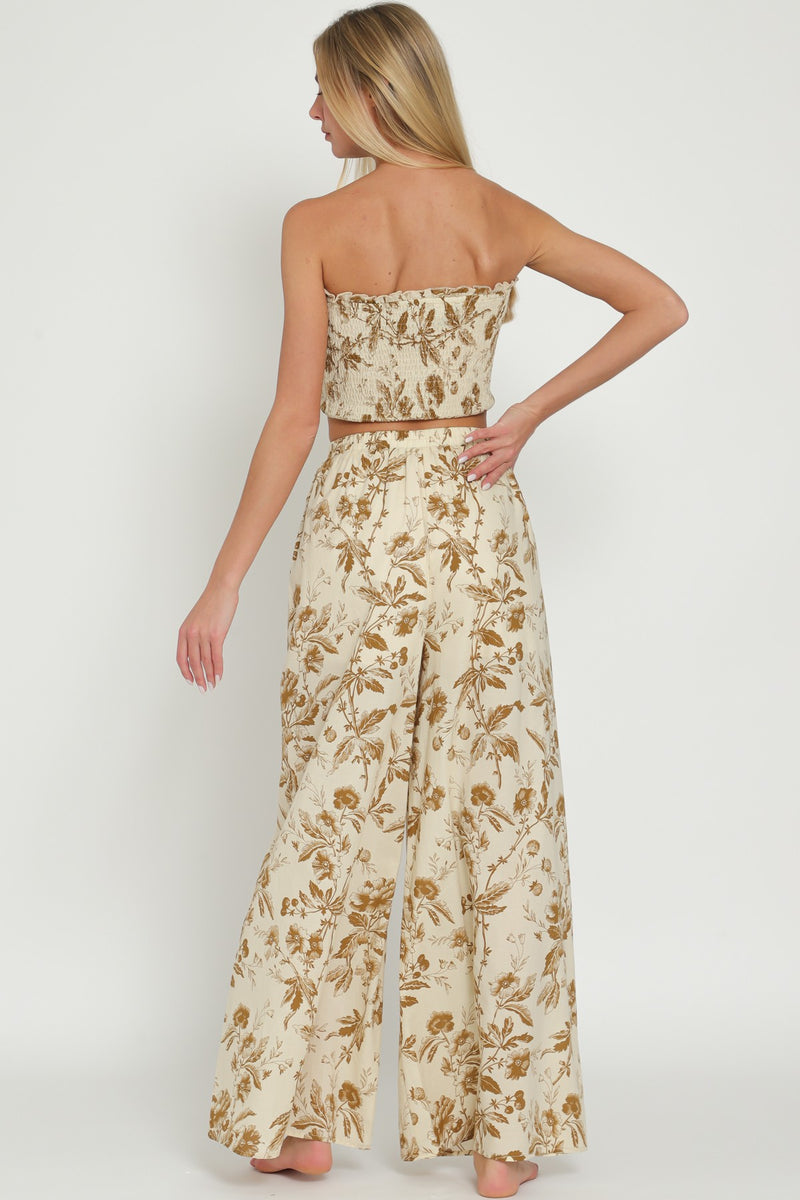 Florence Floral Smocked Tub Top Wide Leg Pant Set - Tan