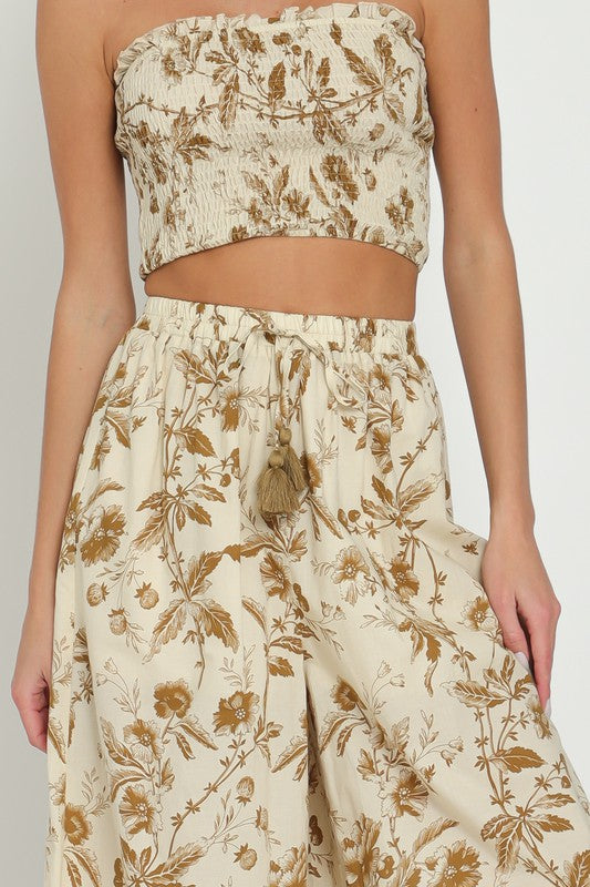 Florence Floral Smocked Tub Top Wide Leg Pant Set - Tan