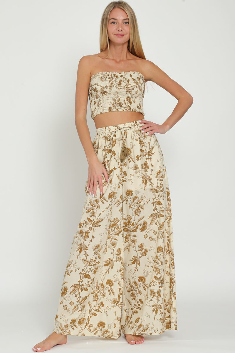 Florence Floral Smocked Tub Top Wide Leg Pant Set - Tan