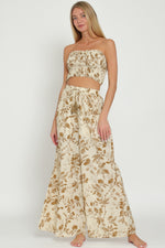 Florence Floral Smocked Tub Top Wide Leg Pant Set - Tan