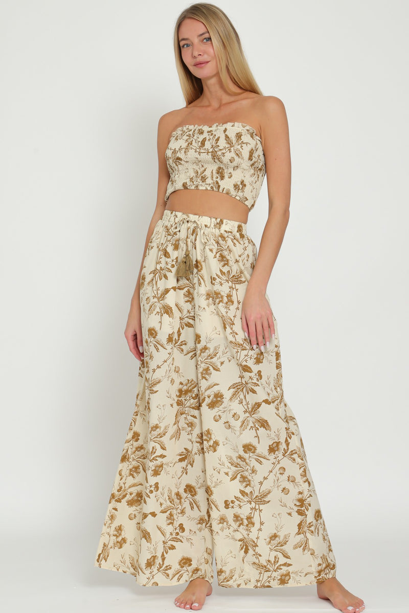 Florence Floral Smocked Tub Top Wide Leg Pant Set - Tan