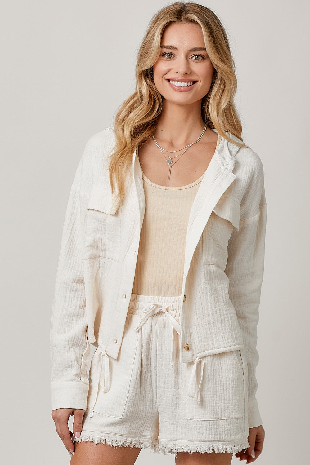 Zahara Double Cotton Gauze Hooded Jacket- Ivory