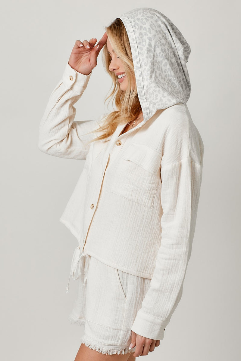 Zahara Double Cotton Gauze Hooded Jacket- Ivory