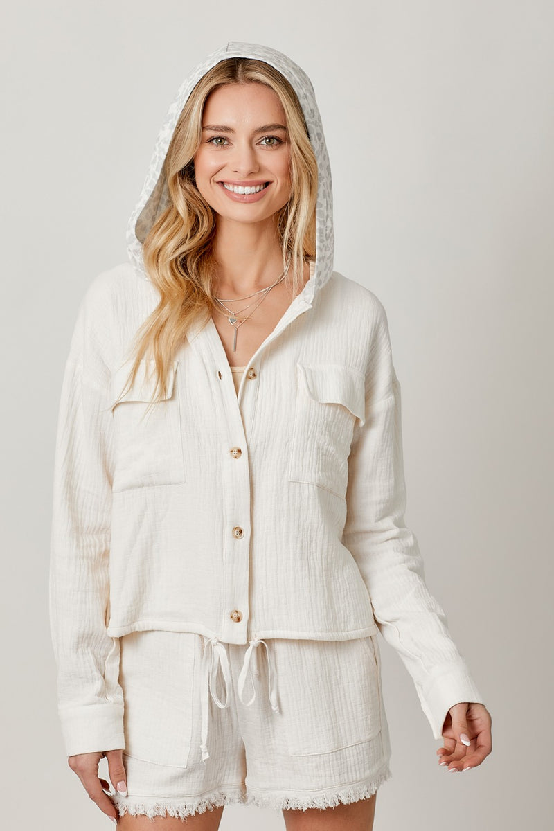 Zahara Double Cotton Gauze Hooded Jacket- Ivory