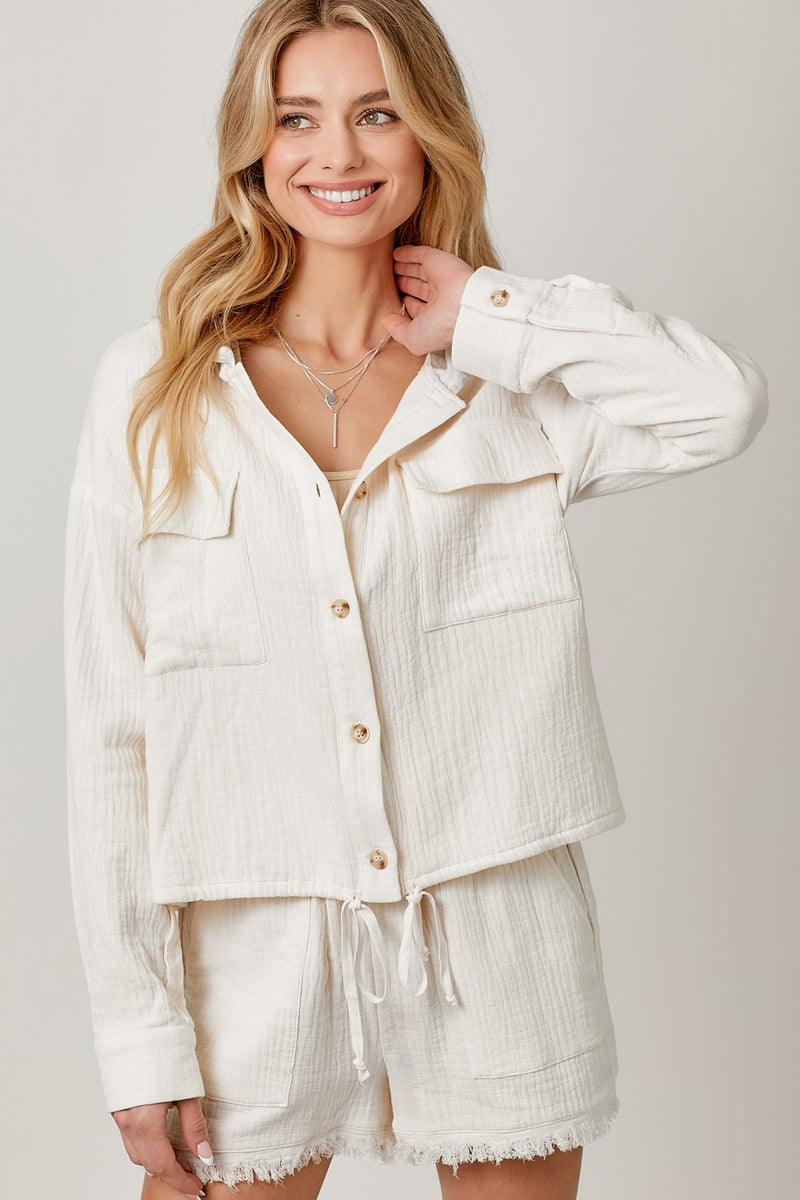 Zahara Double Cotton Gauze Hooded Jacket- Ivory