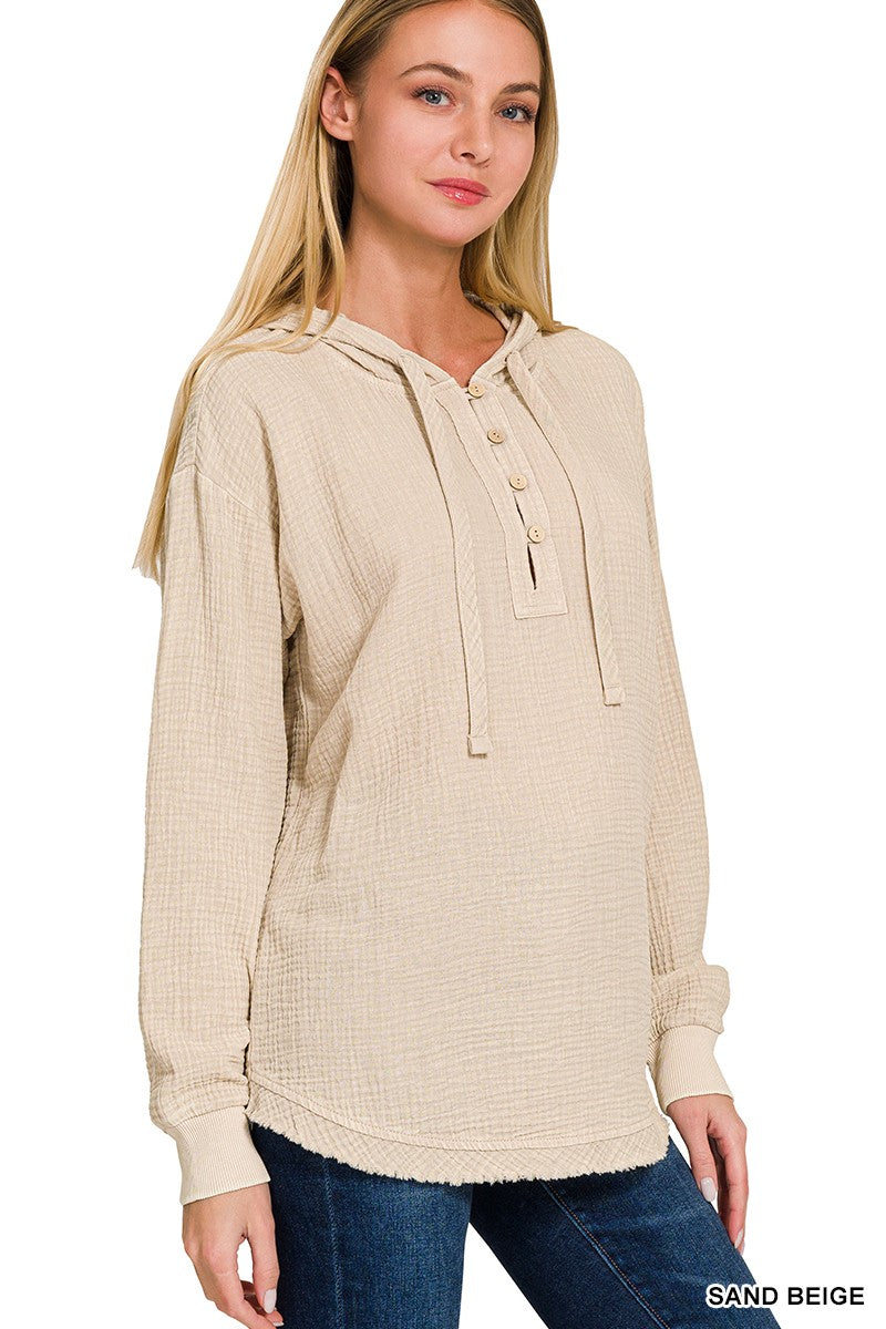 Kaylee Cotton Gauze Hoodie- Stone