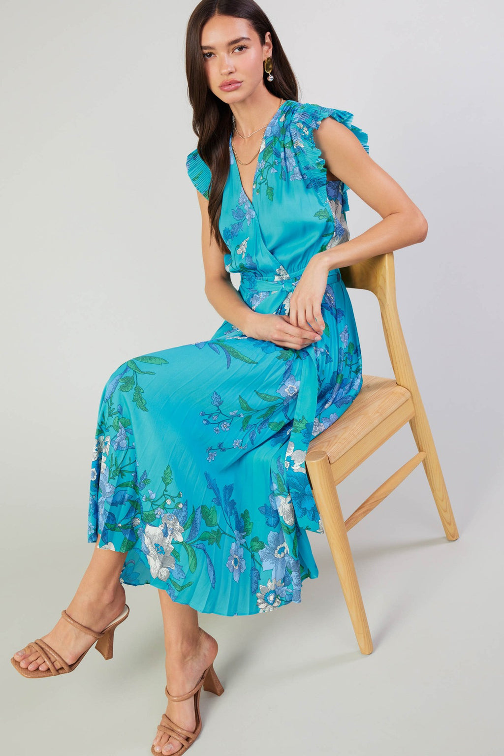 Special Someone Flutter Sleeve Floral Midi Dress - Sky