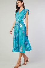 Special Someone Flutter Sleeve Floral Midi Dress - Sky