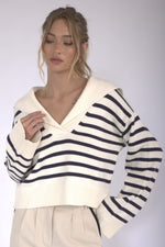 Newport Striped Collared Long Sleeve Knit- Cream/Navy
