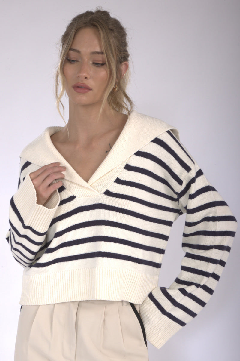 Newport Striped Collared Long Sleeve Knit- Cream/Navy