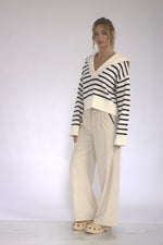 Newport Striped Collared Long Sleeve Knit- Cream/Navy