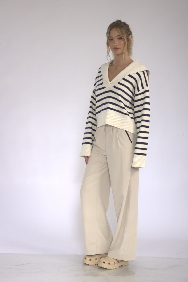 Newport Striped Collared Long Sleeve Knit- Cream/Navy