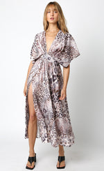 Sayulita Animal Print Flutter Sleeve V- Neck Maxi Dress- Mocha
