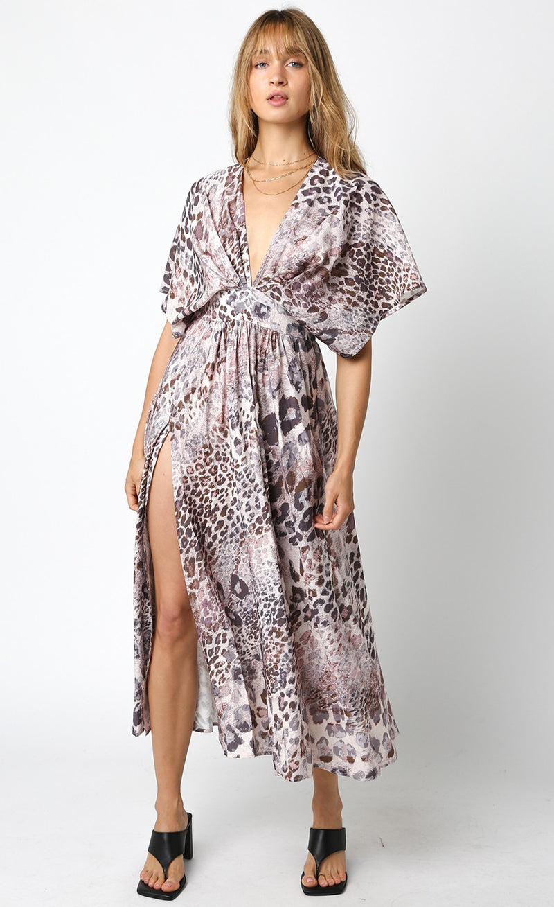 Sayulita Animal Print Flutter Sleeve V- Neck Maxi Dress- Mocha