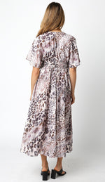 Sayulita Animal Print Flutter Sleeve V- Neck Maxi Dress- Mocha