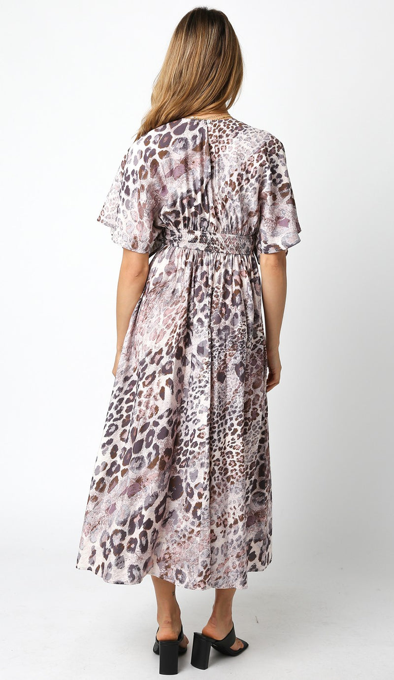 Sayulita Animal Print Flutter Sleeve V- Neck Maxi Dress- Mocha