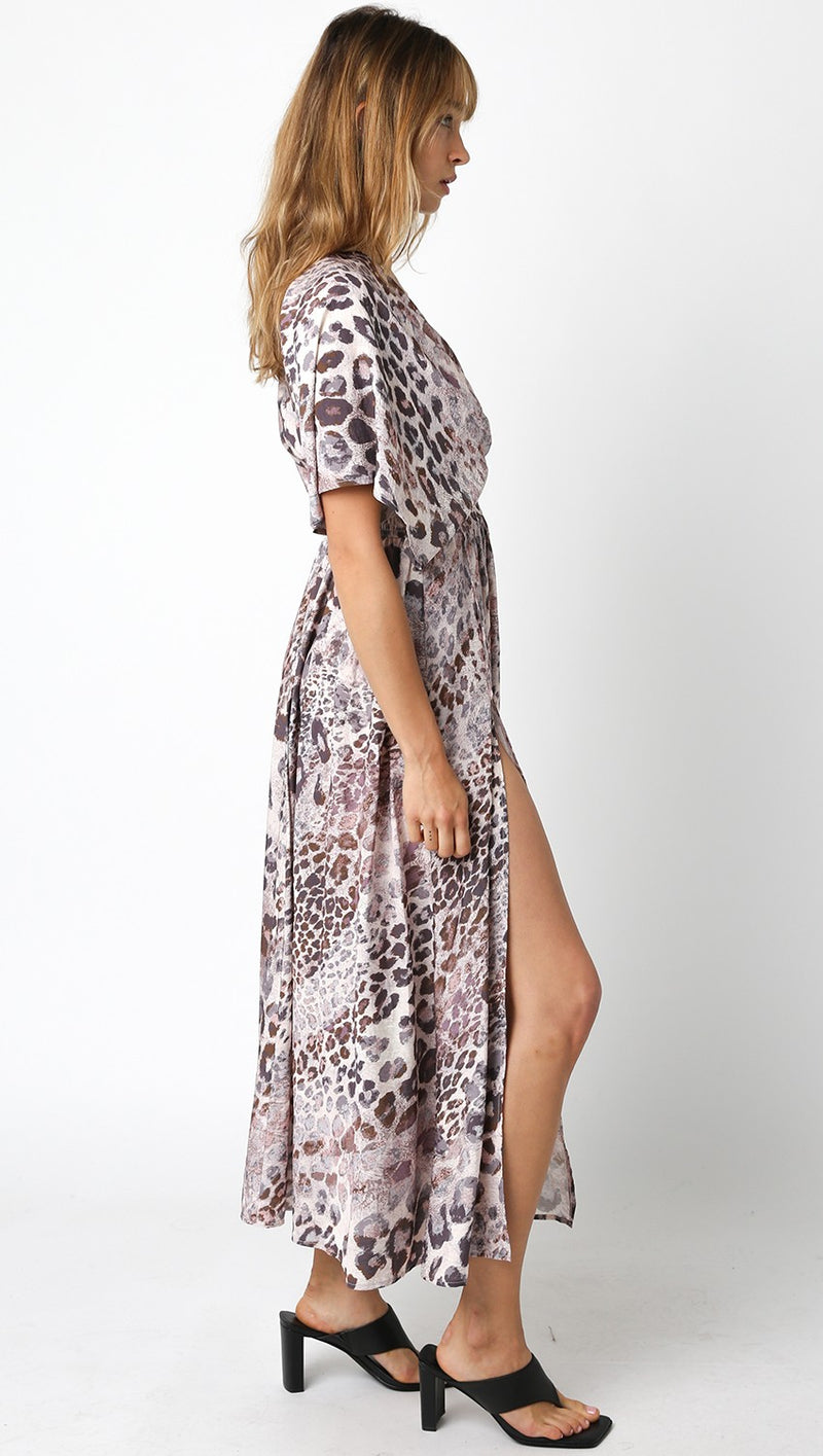 Sayulita Animal Print Flutter Sleeve V- Neck Maxi Dress- Mocha