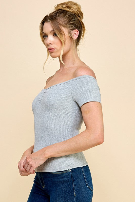 Off Script Short Sleeve Sweetheart Neck Top - Gray