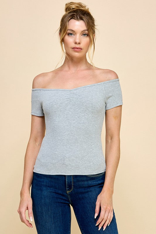Off Script Short Sleeve Sweetheart Neck Top - Gray