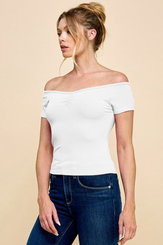 Off Script Short Sleeve Sweetheart Neck Top - White