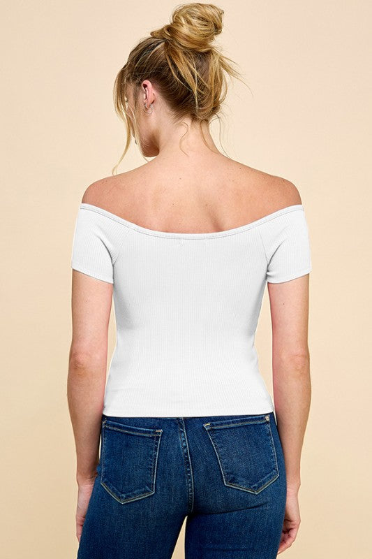 Off Script Short Sleeve Sweetheart Neck Top - White