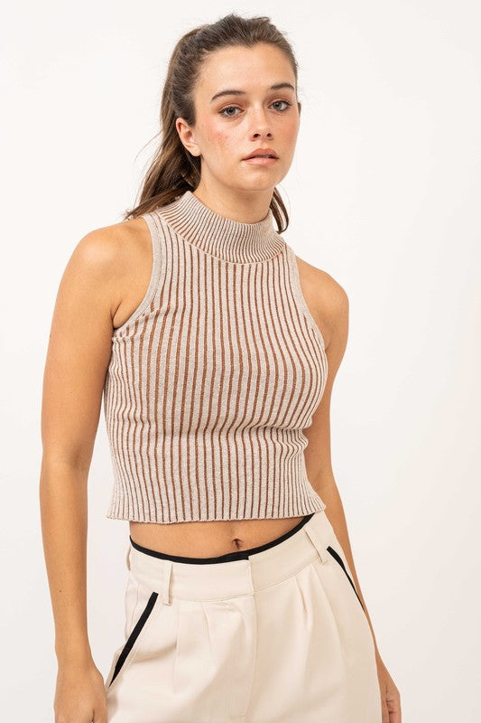 Cafe Kisses Ribbed Mock Neck Top- Taupe