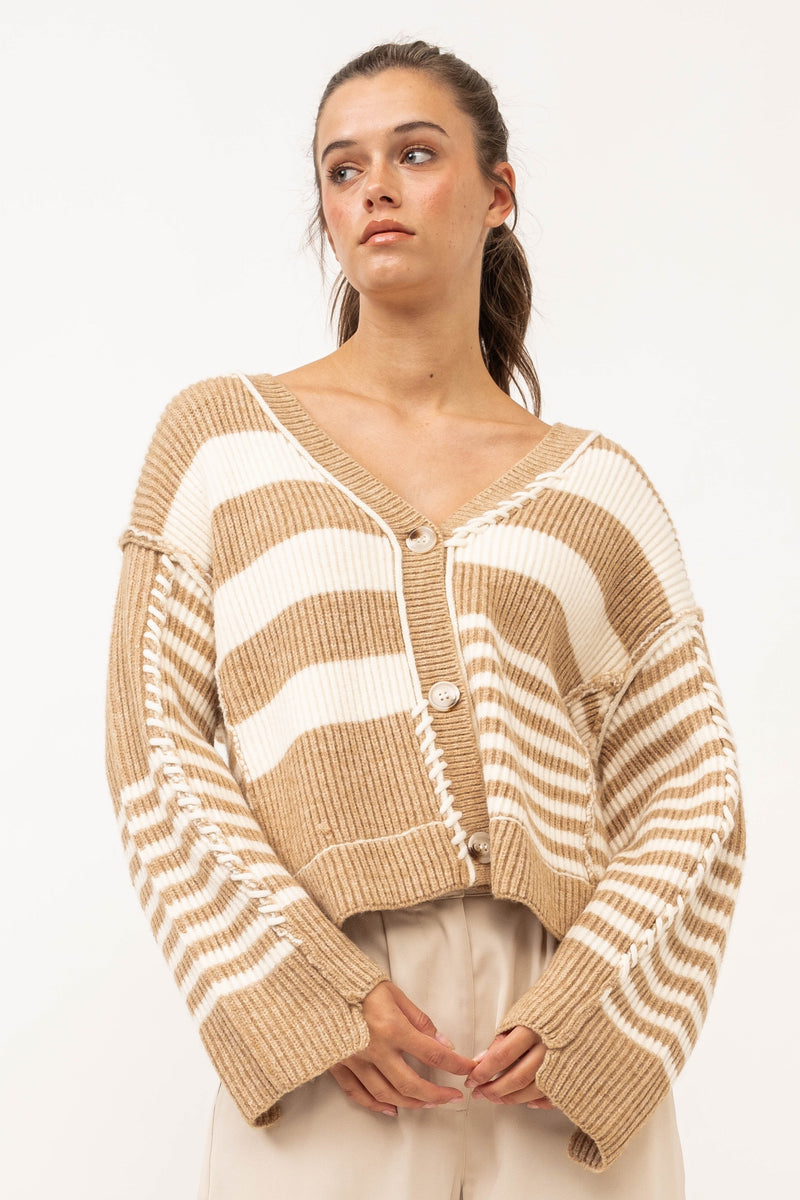 Caramel Coast Stripe Button Front Cardigan- Camel