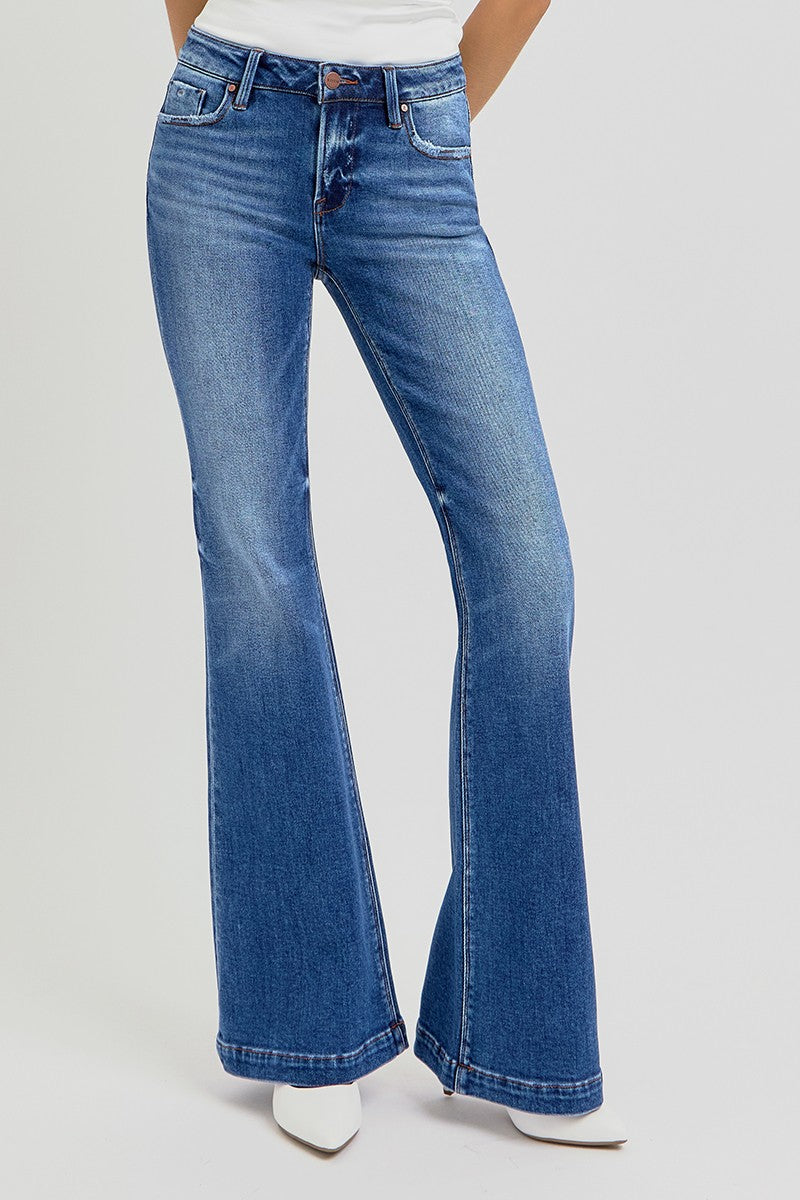 Risen Jeans Flare Jeans- Dark Wash Copper Hardware