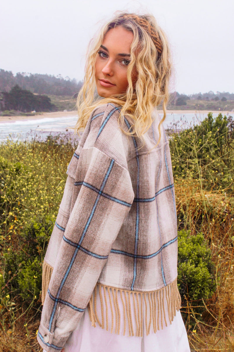 Coastal Cruising Fringe Plaid Jacket- Almond/Ivory/Blue
