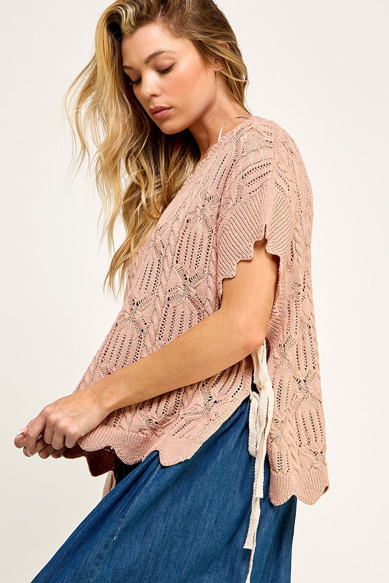 Rosewood Ribbons Side Tie Boxy Knit Top - Blush