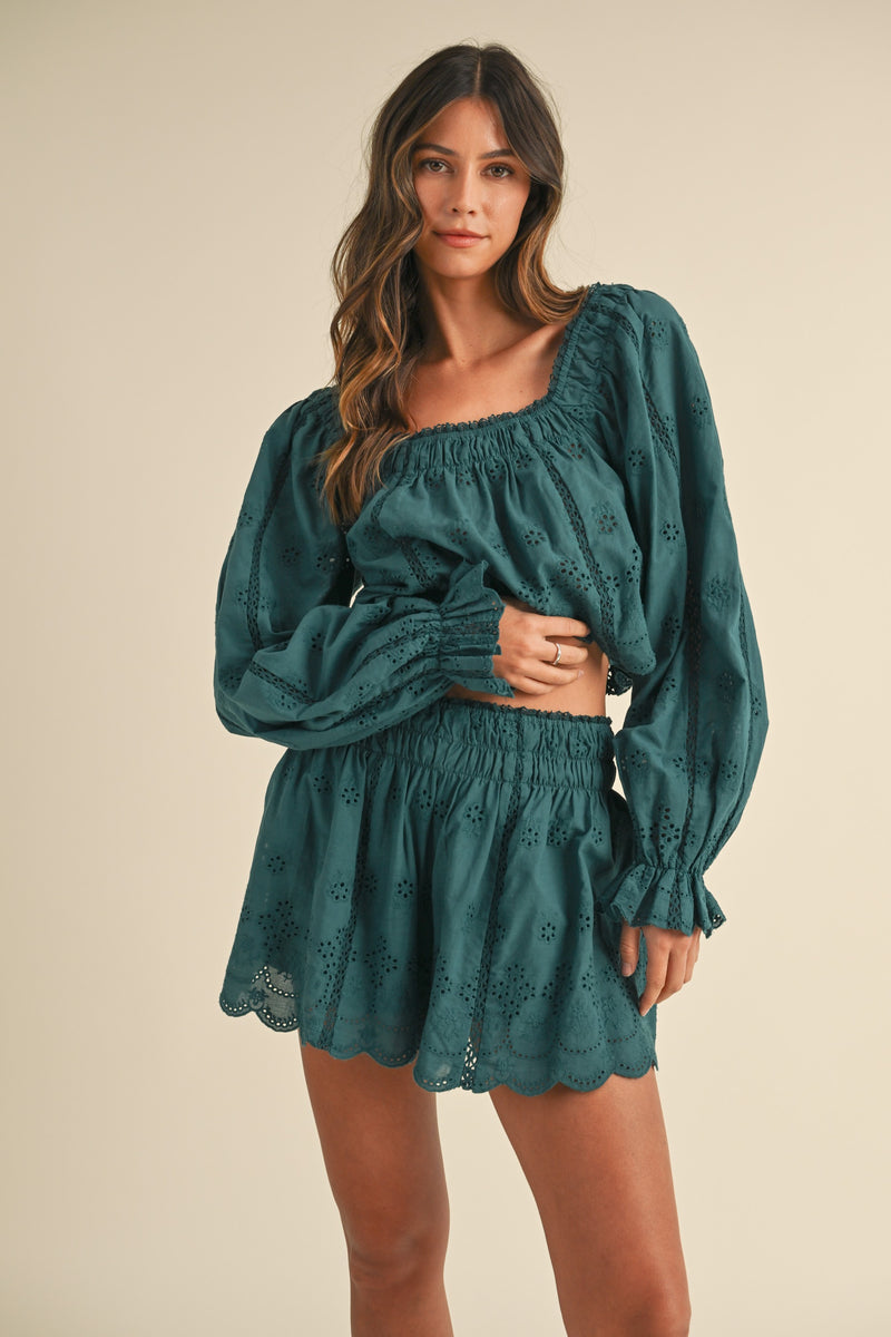 Sequoia Sky Embroidered Eyelet Long Sleeve Top/Shorts Set - Teal