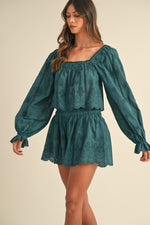 Sequoia Sky Embroidered Eyelet Long Sleeve Top/Shorts Set - Teal