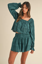 Sequoia Sky Embroidered Eyelet Long Sleeve Top/Shorts Set - Teal