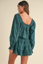 Sequoia Sky Embroidered Eyelet Long Sleeve Top/Shorts Set - Teal