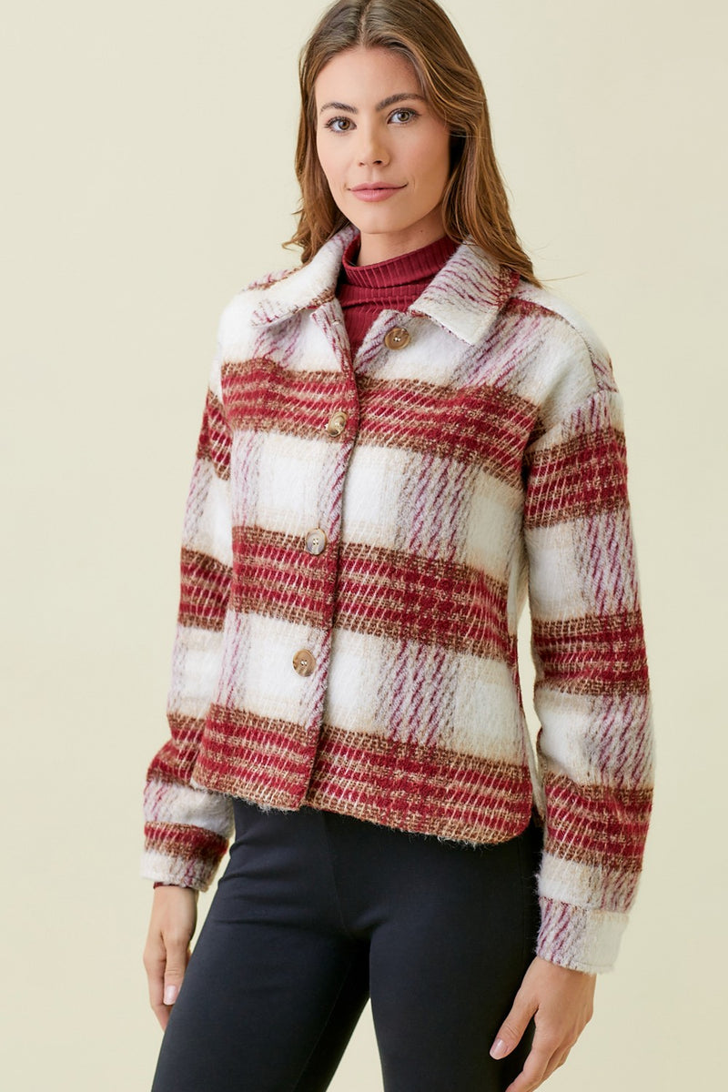 Winter Wish Short Winter Plaid Jacket - Wine/Multi