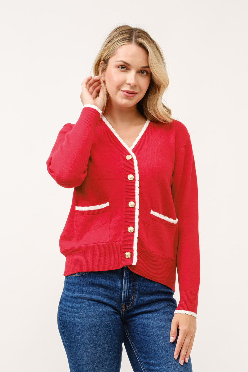 Perfectly Preppy Button Detail Cardigan- Apple/Ivory