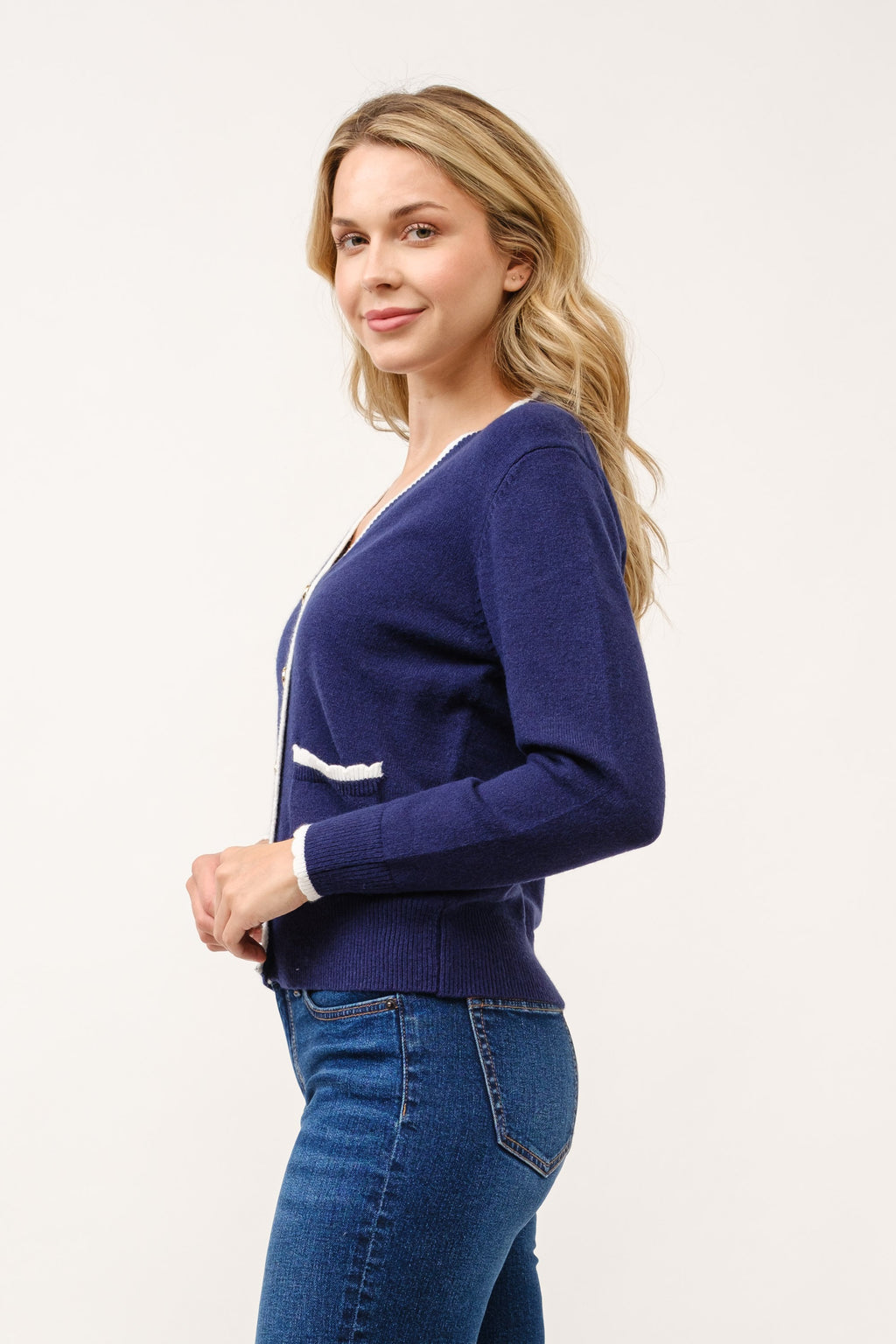 Perfectly Preppy Gold Button Detail Cardigan- Navy/Ivory