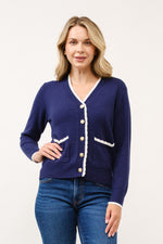 Perfectly Preppy Gold Button Detail Cardigan- Navy/Ivory