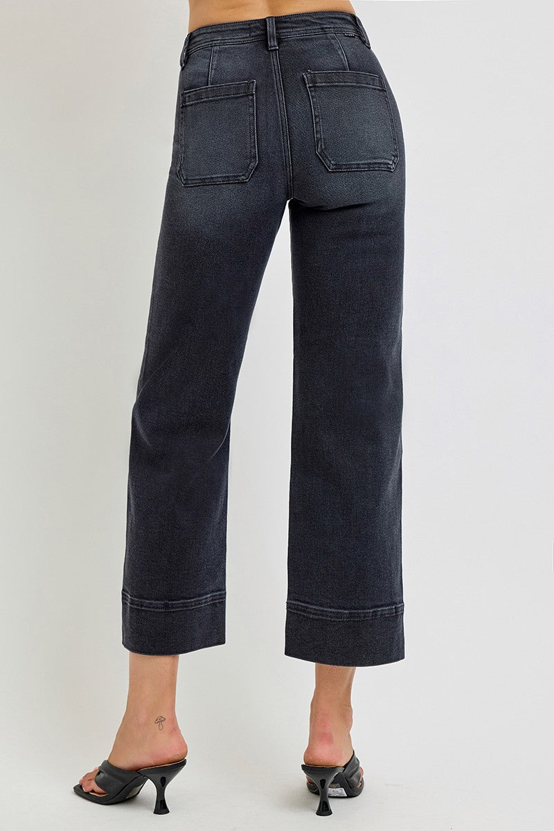 Risen Straight Leg Cropped Jeans- Washed Black