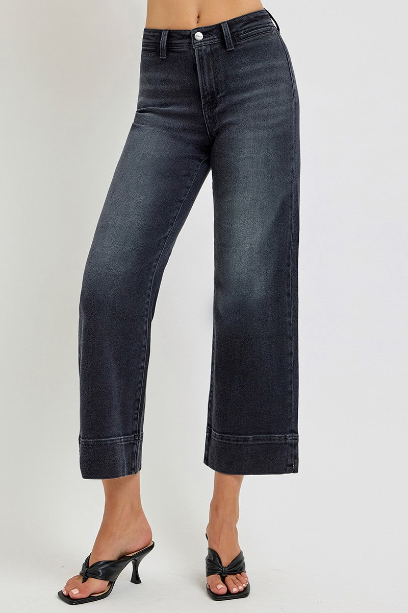 Risen Straight Leg Cropped Jeans- Washed Black