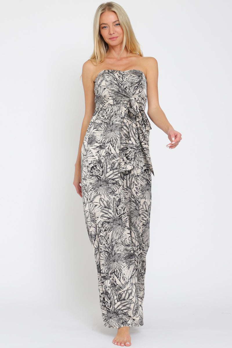 Tulum Strapless Sweetheart Neck Botanical Print Jumpsuit - Navy/Cream