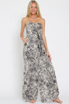 Tulum Strapless Sweetheart Neck Botanical Print Jumpsuit - Navy/Cream