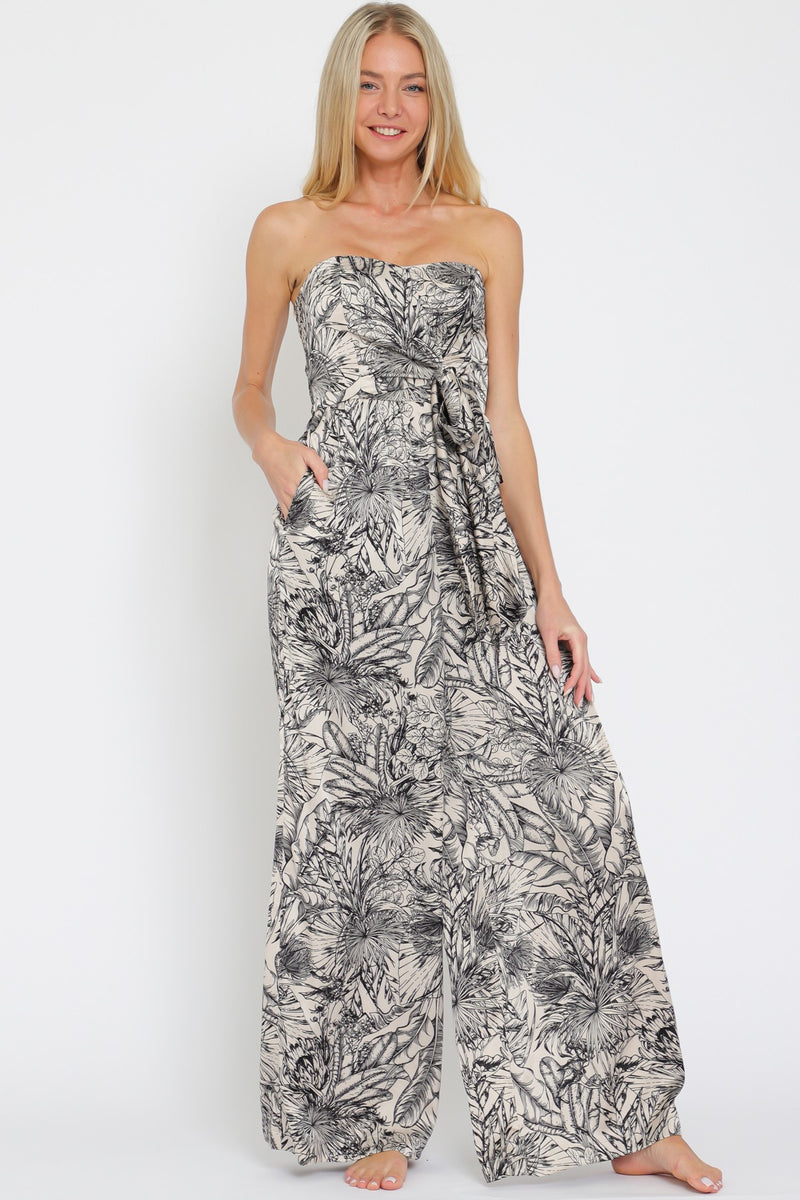 Tulum Strapless Sweetheart Neck Botanical Print Jumpsuit - Navy/Cream