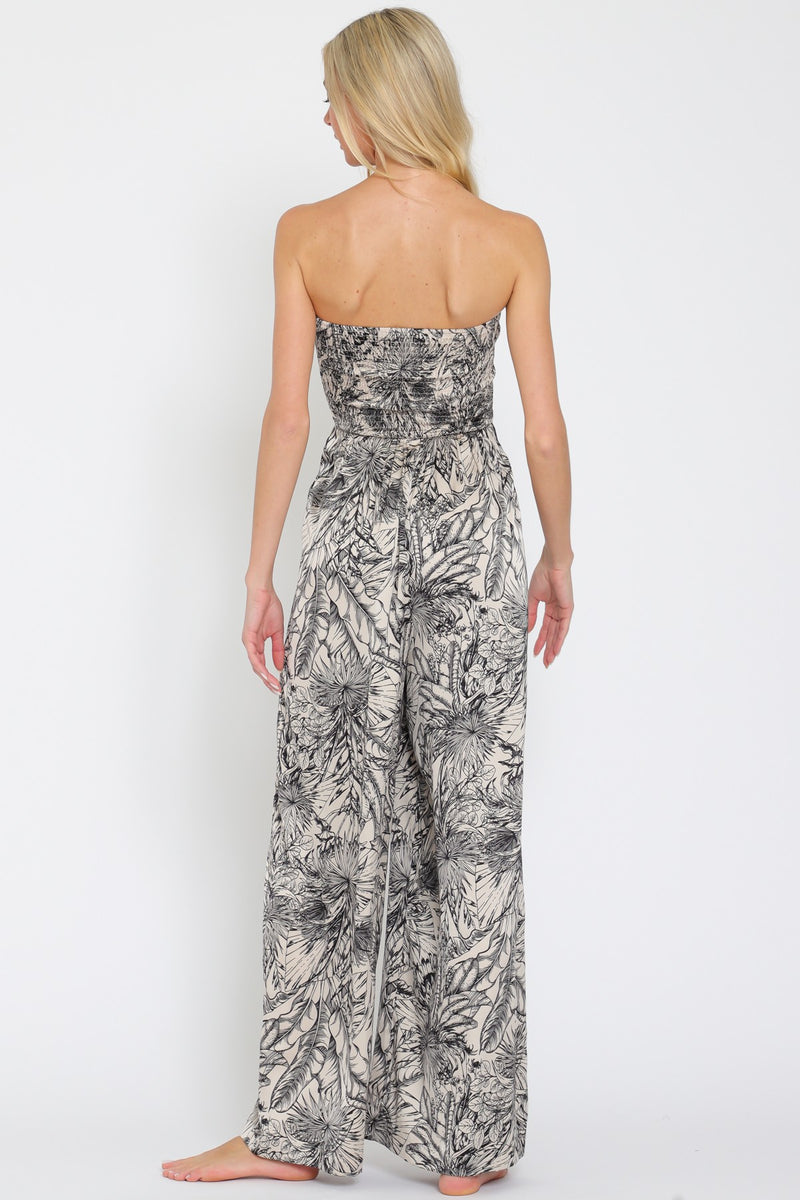 Tulum Strapless Sweetheart Neck Botanical Print Jumpsuit - Navy/Cream