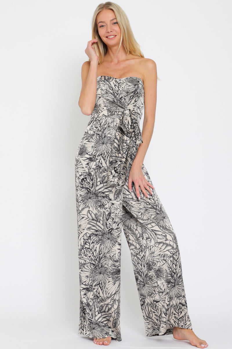 Tulum Strapless Sweetheart Neck Botanical Print Jumpsuit - Navy/Cream