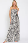 Tulum Strapless Sweetheart Neck Botanical Print Jumpsuit - Navy/Cream