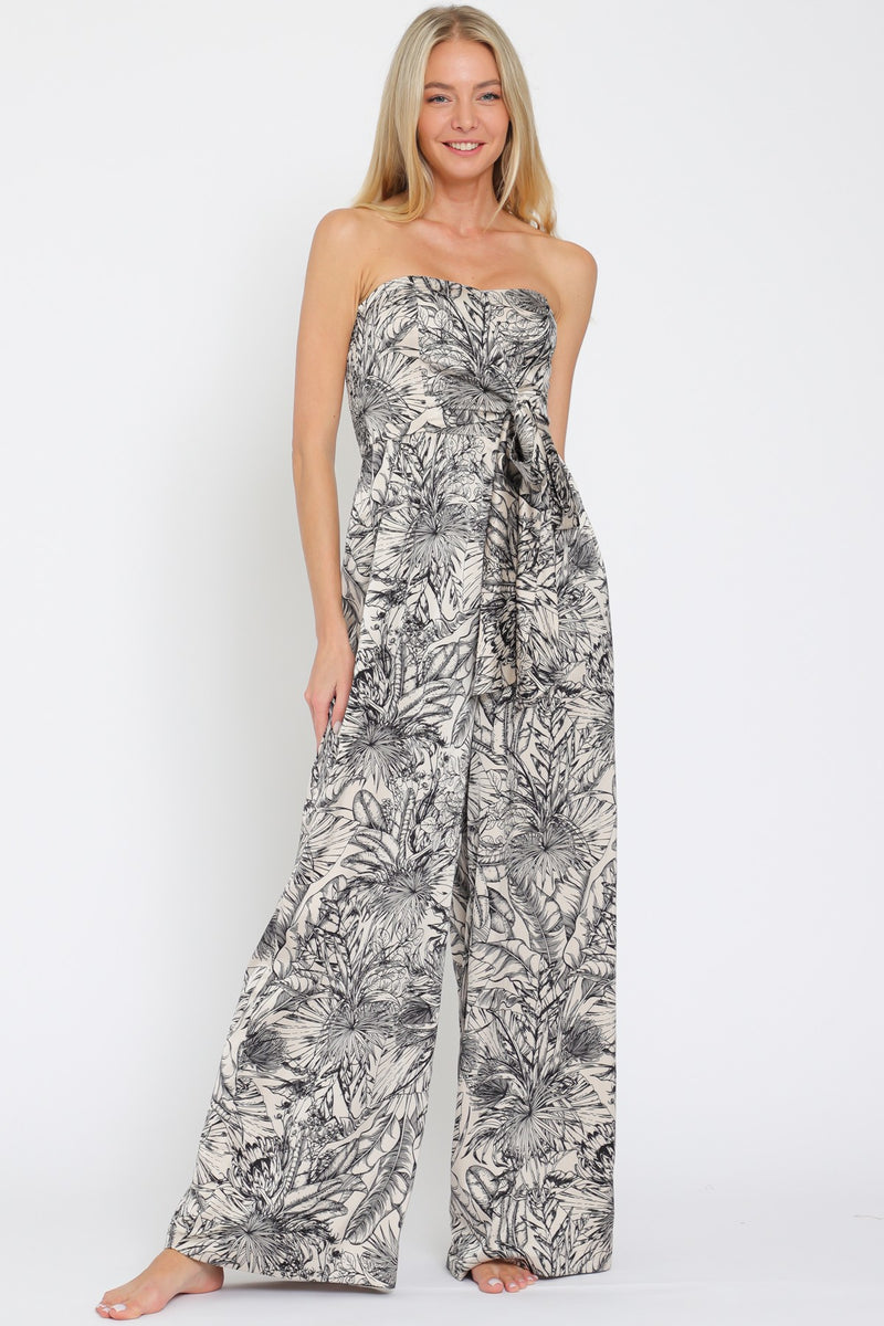 Tulum Strapless Sweetheart Neck Botanical Print Jumpsuit - Navy/Cream