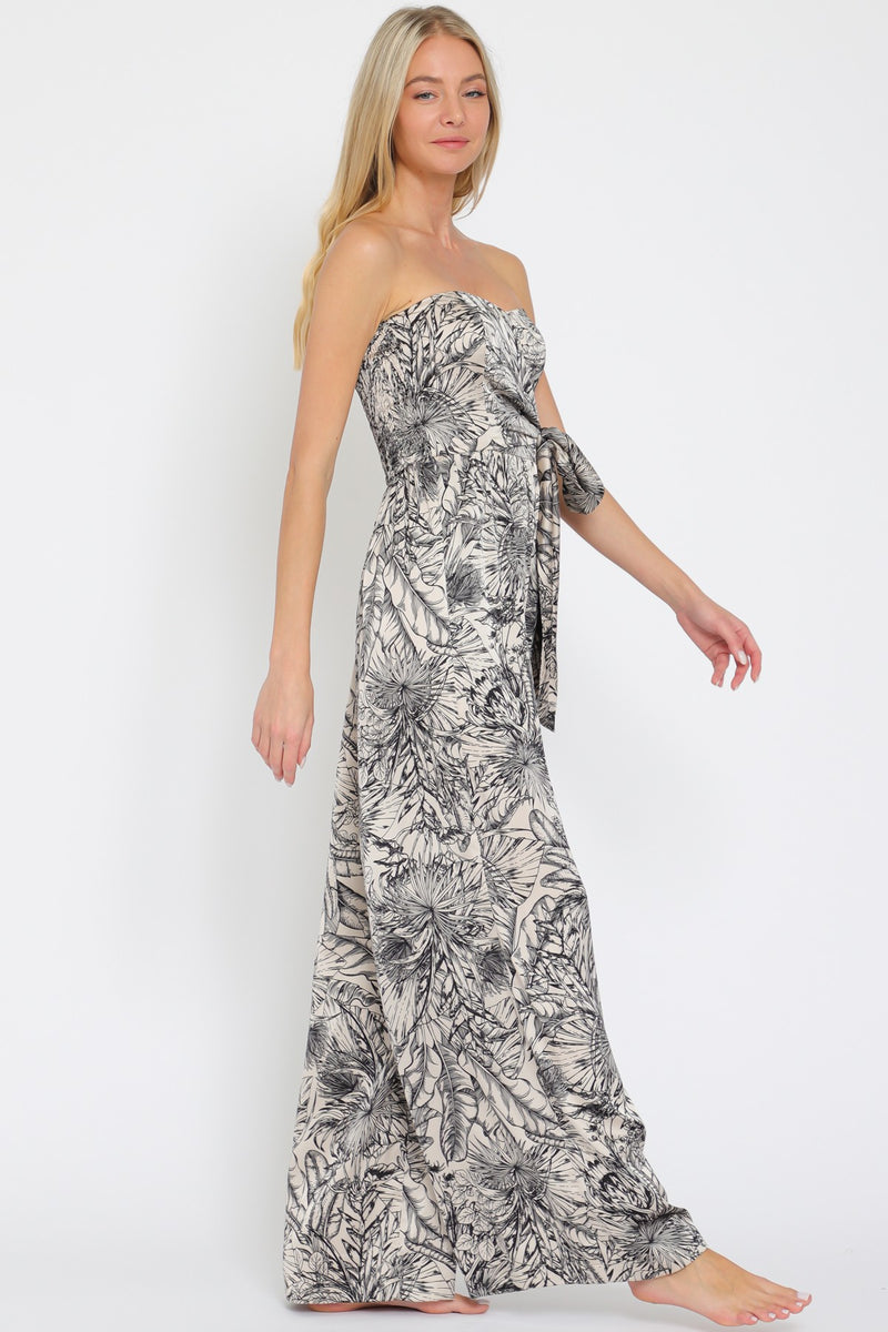Tulum Strapless Sweetheart Neck Botanical Print Jumpsuit - Navy/Cream