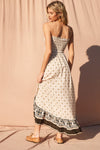 Daydreamer Bohemian Print Strapless Asymmetrical Midi Dress- Natural/Black
